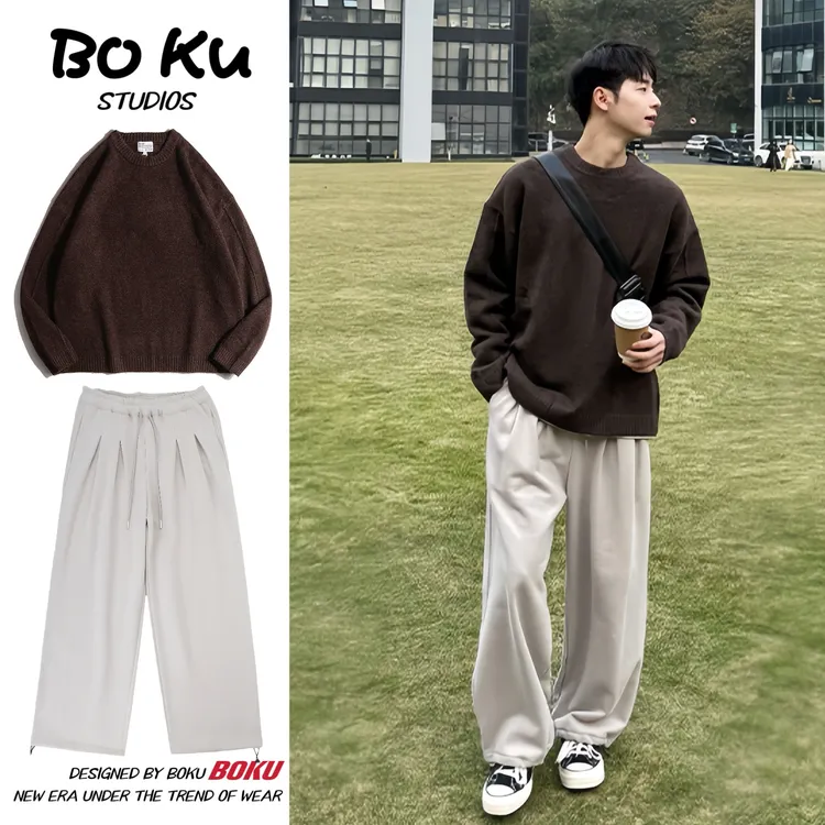 @BOKU两件装/秋冬美式cityboy针织圆领宽松慵懒风纯色百搭毛衣男 