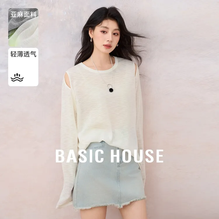 Basic House/百家好新款气质长袖圆领纯色针织衫上衣-B0624A5L312