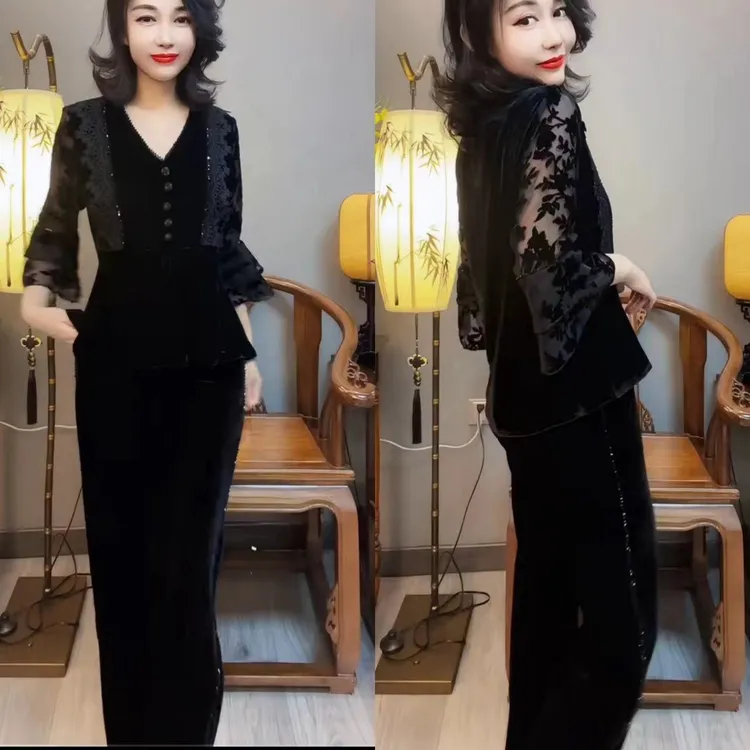 丝绒蕾丝植绒花袖衫长袖V领衫时尚裤子