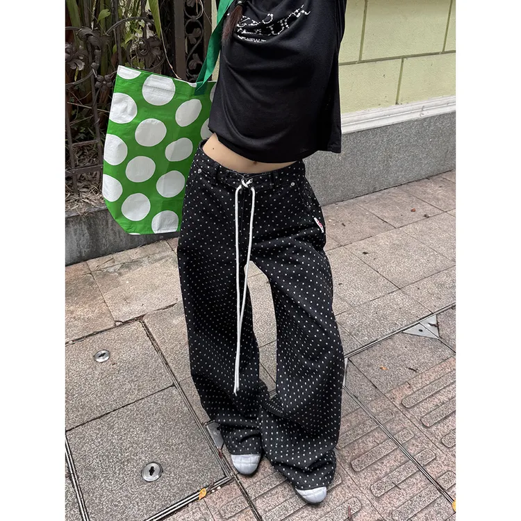 URKR抽绳波点牛仔裤女宽松直筒裤子美式复古阔腿裤休闲拖地裤垂感