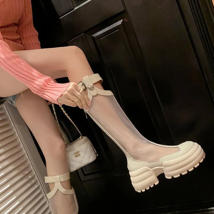 UHCK2025夏季薄款厚底凉靴松糕长筒网靴镂空透气高筒靴米白色长靴