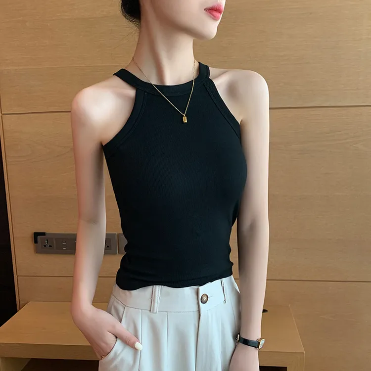 黑色挂脖吊带背心女2025新款带胸垫美背文胸一体内衣春秋内搭上衣