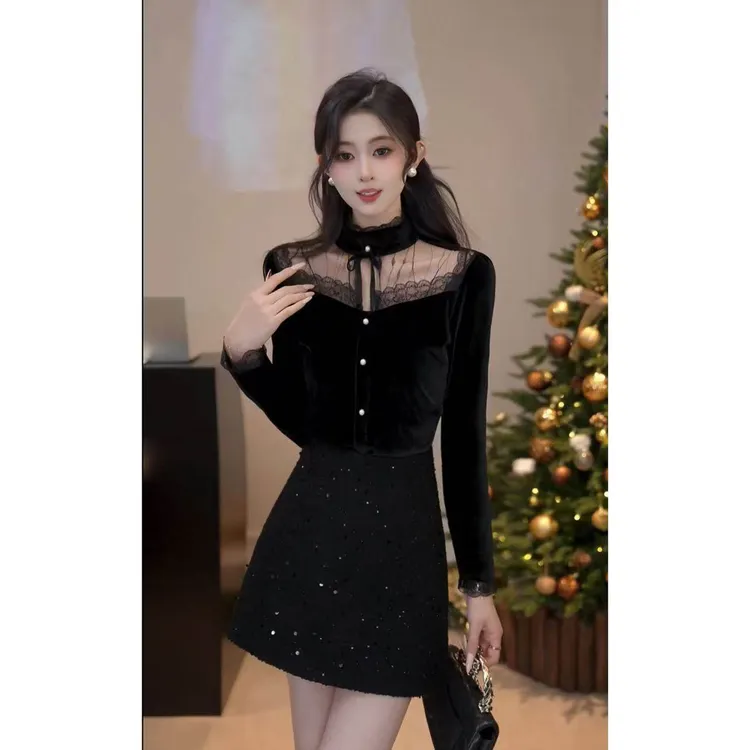 YUANLIANSU/圆脸酥【琉璃华蕴】轻奢时髦洋气蕾丝拼接丝绒衬衫女