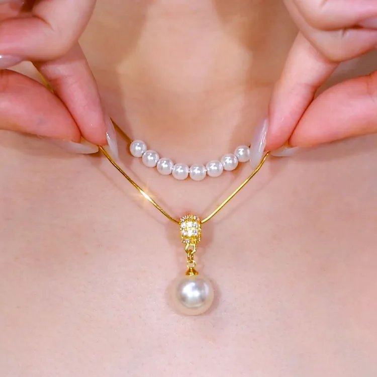 铜合金项链 轻奢高级感双层水滴吊坠珠珠锁骨链百搭流行时尚颈链