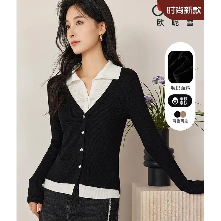 欧昵雪2025春季新款女长袖翻领假两件拼接针织衫时尚修身显瘦上衣