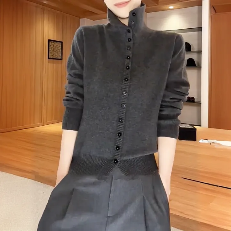 时尚宽松单排扣针织衫女2025年新款灰色高领休闲洋气百搭减龄上衣