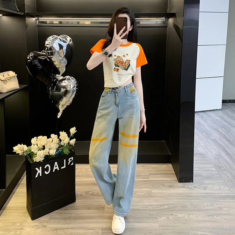 短袖t恤女款夏日多巴胺穿搭正肩甜辣小上衣扎染直筒阔腿牛仔裤子