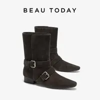 BeauToday双金属扣饰真皮西部靴女中筒靴工装复古骑士靴英伦风