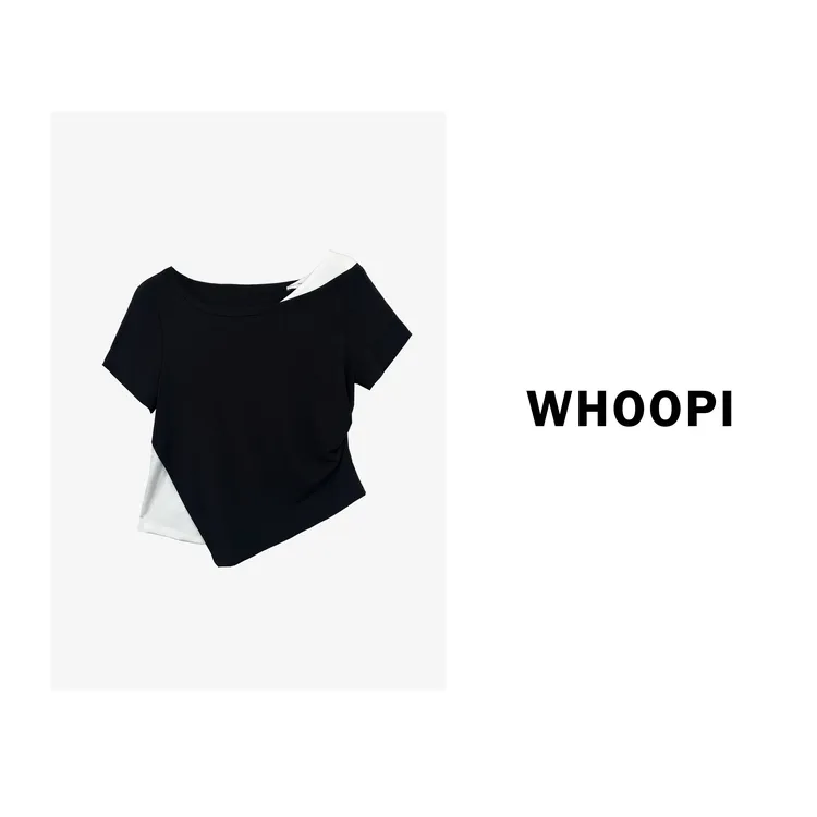 【Whoopi】【蓝白记忆】不规则斜肩撞色假两件 直角肩腰精T