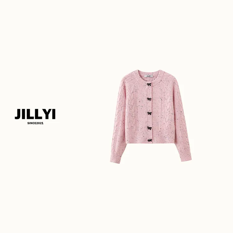 JILLYI【草莓奥利奥】粉色圆领扎染蝴蝶结纽扣甜美气质针织开衫