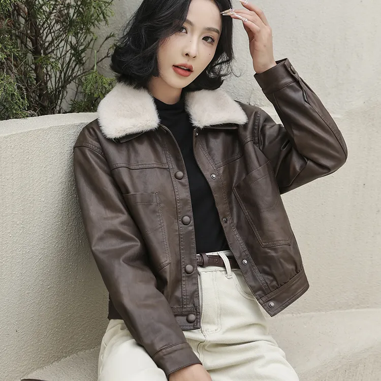 高级皮衣女外套2025冬季新款正品短款显瘦加绒春秋时尚皮夹克外套