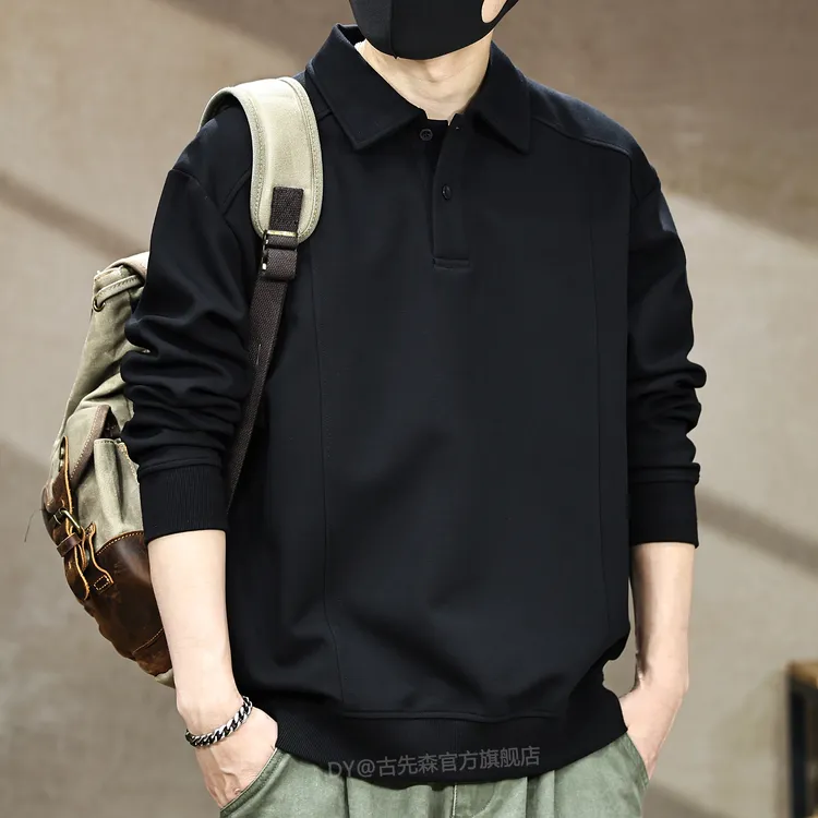 美式高端复古420g重磅软糯长袖POLO衫男秋冬加绒宽松翻领上衣外套