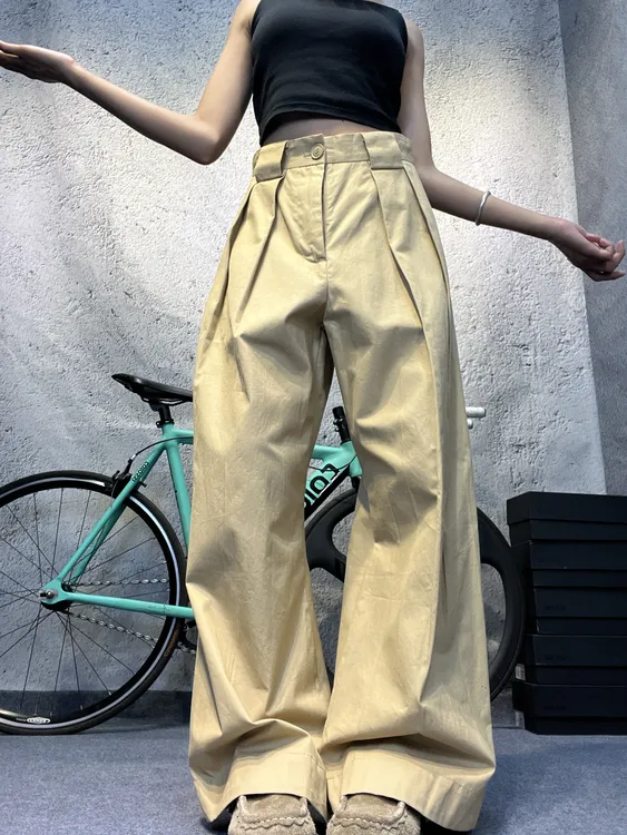 DoubleC梭织轻薄压褶宽松垂感阔腿休闲裤休闲西裤松紧百搭长裤