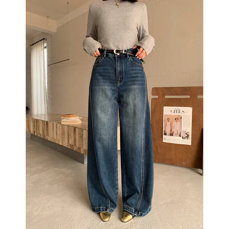 PRASE·噜【牛仔时代】微胖显瘦宽松棉感加绒高腰阔腿牛仔裤PR511E10