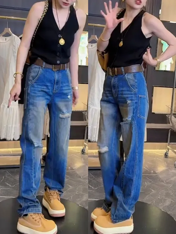 新款设计感窄版直筒破洞牛仔裤大码女装高腰百搭遮肉显瘦拖地裤