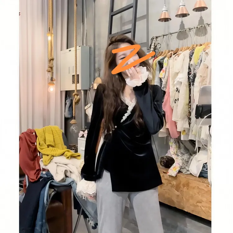 【现货】S50818768素拉定制 法式宫廷风设计感丝绒双层蕾丝花边衬衣