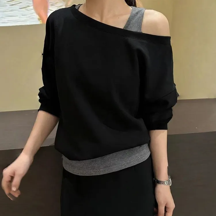 欧货时尚假两件露肩长袖卫衣女2025春秋新款宽松百搭显瘦打底上衣