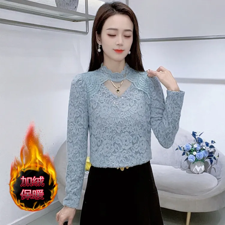 秋冬新款加绒加厚蕾丝衫女修身长袖保暖显瘦减龄打底衫洋气质上衣