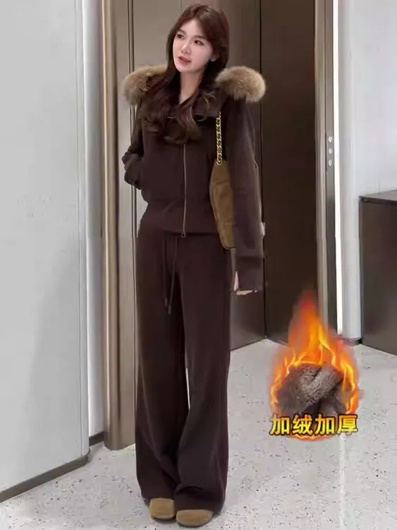 【现货+运费险】加绒休闲运动套装女新款洋气大毛领连帽阔腿裤套装
