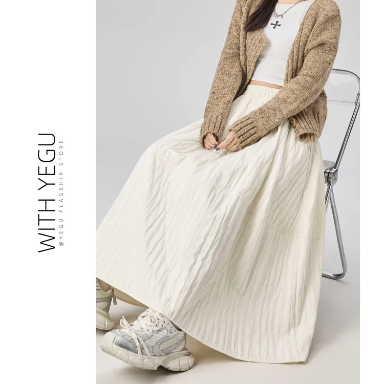 日系夹棉花苞裙子女秋冬季层次感拼接半身裙肌理感a字蓬蓬中长裙