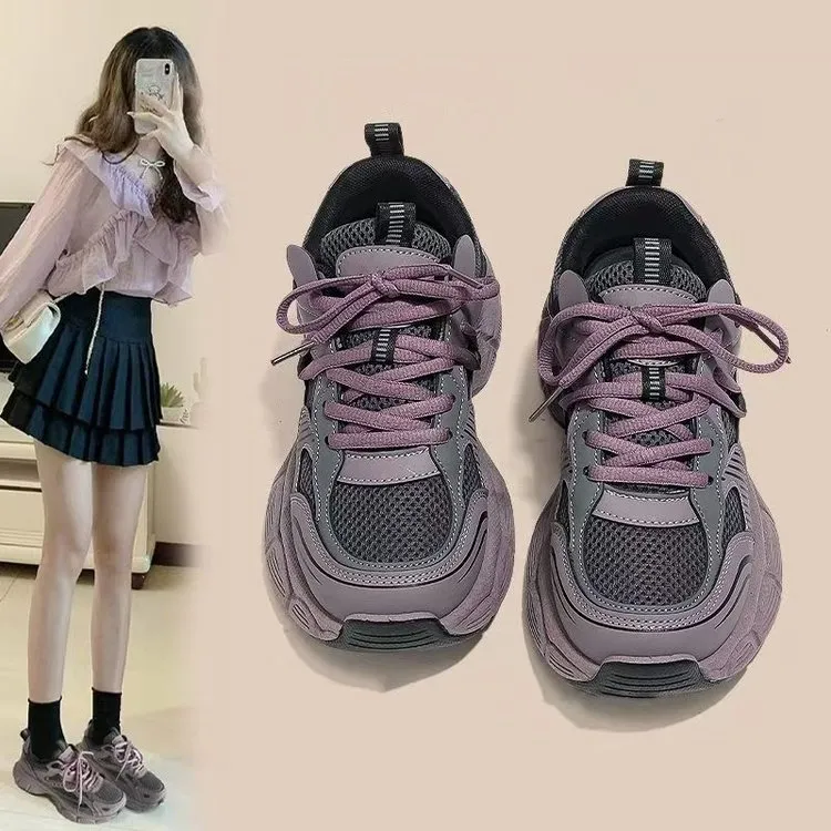 紫色时尚复古老爹鞋女款2025新款春季爆款厚底透气百搭休闲运动鞋