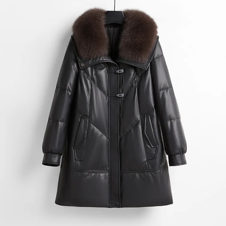 法歌弟25102新款国风时尚大狐狸毛领海宁真皮羽绒服女大码妈妈装