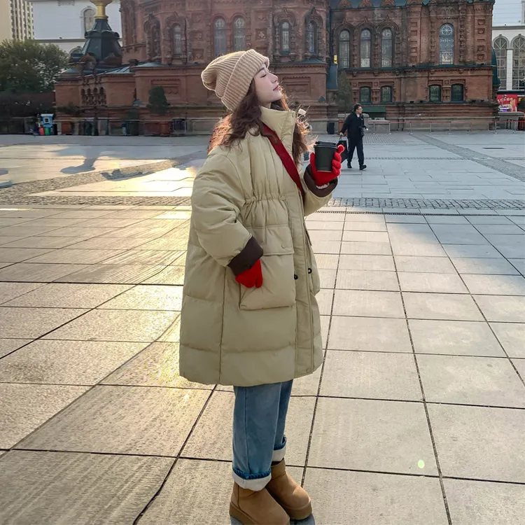 韩版ins休闲风羽绒服2025冬季新款学院风白鸭绒中长款加厚面包服