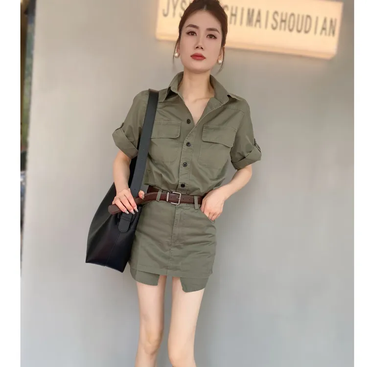【俊英】复古短袖工装连衣裙女夏季2025新款小个子收腰衬衫裙显瘦