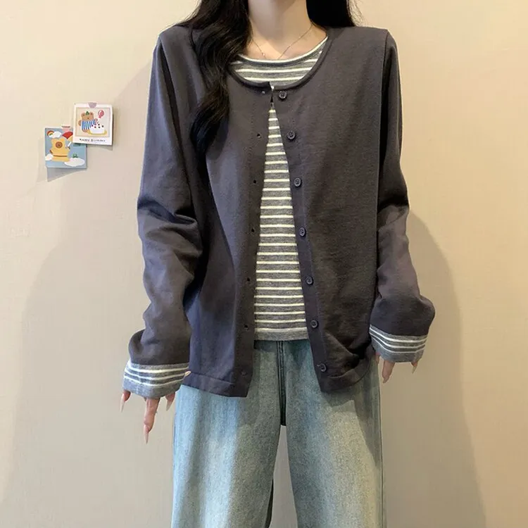 大码女装秋季假两件针织衫上衣胖mm显廋微胖女生洋气减龄遮肉毛衣
