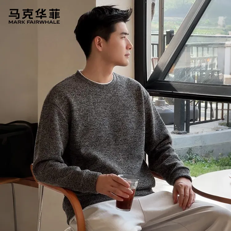马克华菲加绒加厚假两件圆领男士卫衣2025秋冬新款宽松休闲上衣