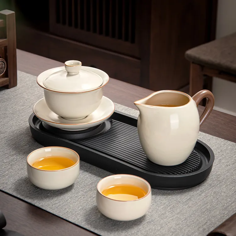 简约黄汝窑可养冰裂纹功夫茶具盖碗茶杯茶盘小套装家用喝茶2-4人
