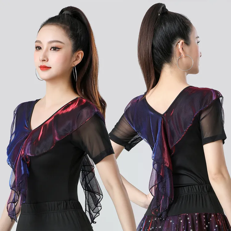 新款拉丁舞服装短袖上衣摩登国标舞三步踩上衣交谊舞跳舞衣练功服