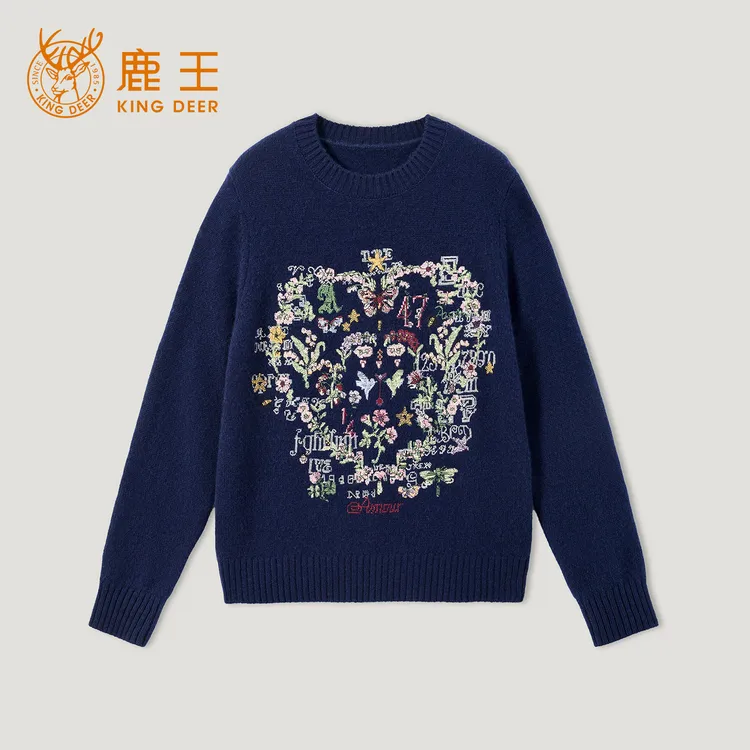 King Deer/鹿王新款手绣毛织时尚宽松毛衣复古羊绒衫L805885