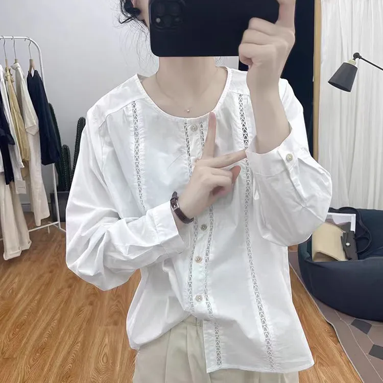 设计感圆领镂空纯棉长袖衬衫女早秋2025新款韩版宽松衬衣减龄上衣