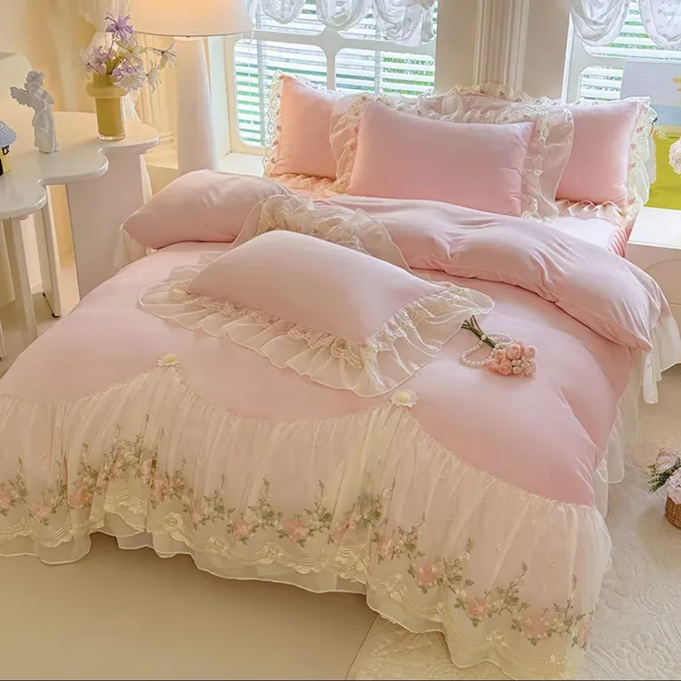 法式公主风韩版蕾丝牛奶绒床盖四件套柔软被套床单高端床上用品