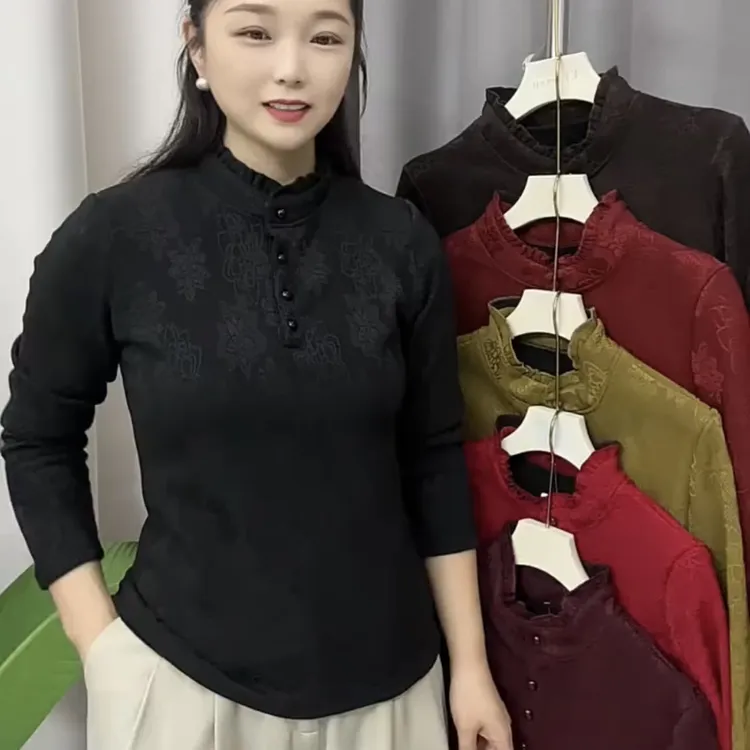 新款木耳边加厚大码打底衫秋冬半高领宽松保暖妈妈装自发热上衣女