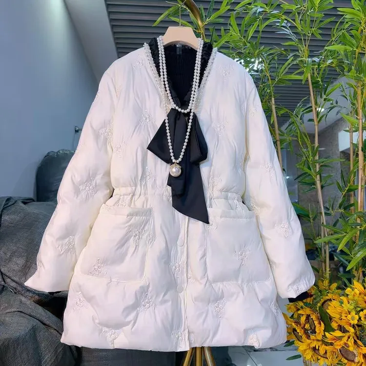 欧货时尚刺绣钉珠棉服2025外套轻薄收腰显瘦大码女装冬季新款7241