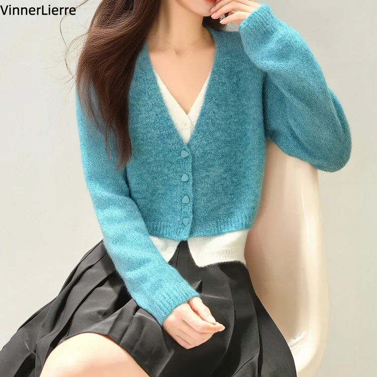 薇妮诺日系假两件撞色复古外套女新款洋气慵懒风宽松外搭针织开衫