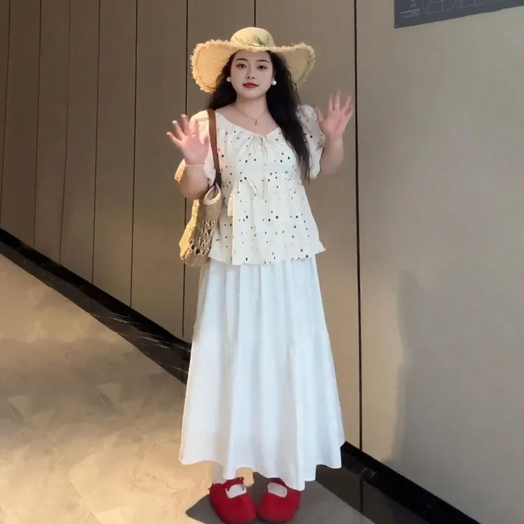 大码胖mm夏季度假风宽松甜美短袖衬衫气质温柔风蛋糕半身裙套装女