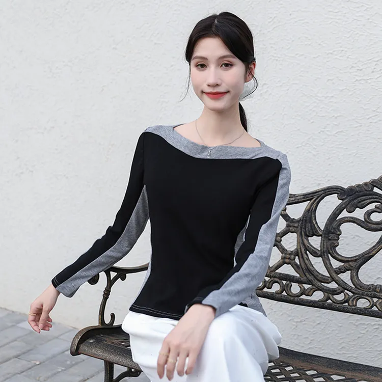 设计感撞色长袖打底T恤上衣女百搭潮流显瘦内搭打底衫春秋新款