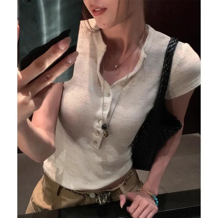 法式气质半开领米毛针织短袖t恤女装夏季新款设计感修身显瘦上衣