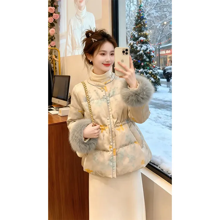 韩版洋气减龄高档提花中长款棉服外套2026冬季爆款国风新中式上衣