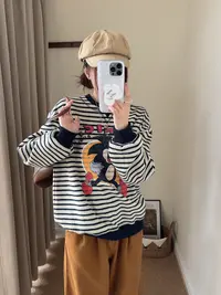 程程甄选  东大门定制条纹棉复古做旧卡通厚款休闲卫衣1185