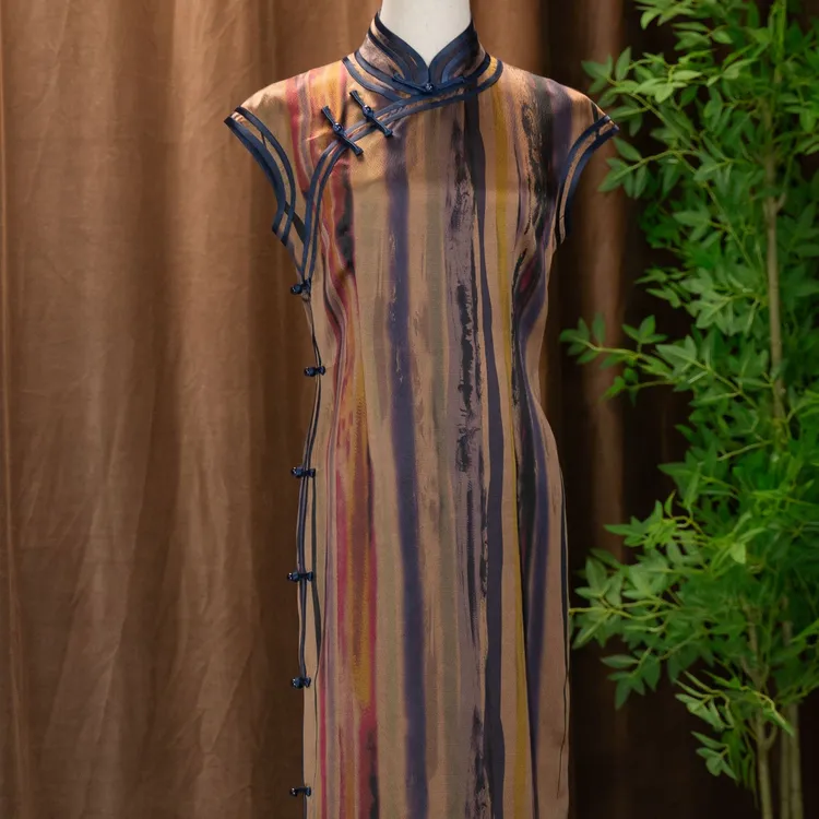 【夏雨013】紫蓝绯纹桑蚕丝珍珠缎春款全开襟礼服日常复古优雅旗袍