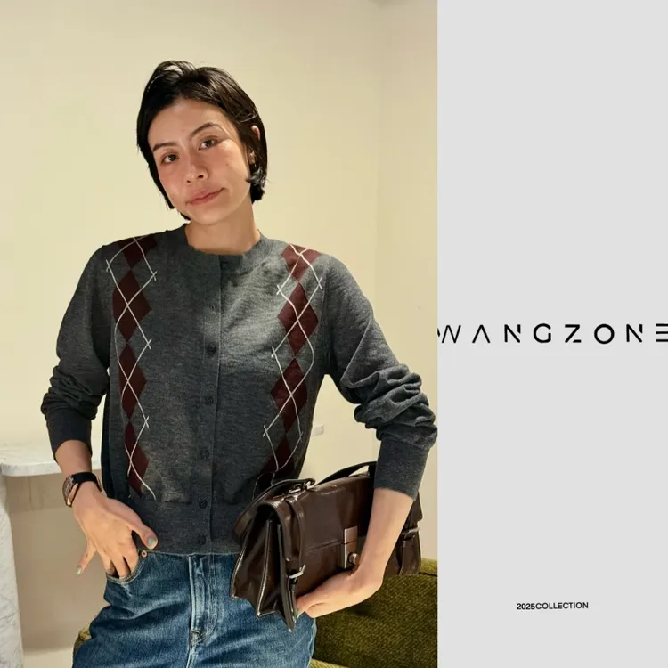 WANG ZONE | 复古撞色圆领休闲菱格图案羊毛针织开衫外套