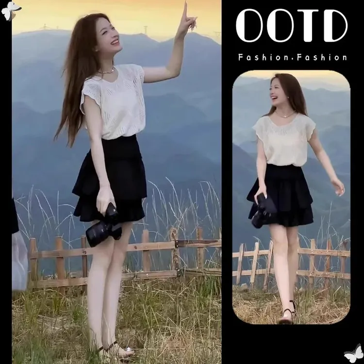 韩版设计感镂空露背针织衫女2025夏季新款减龄百搭T恤蛋糕裙套装