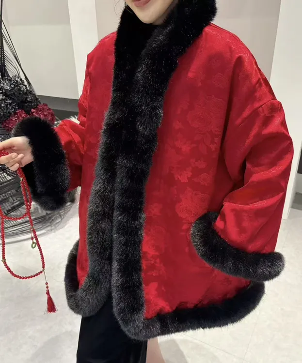 【新年战袍】新中式国风大码贡缎提花加棉兔毛包边新年拜年外套