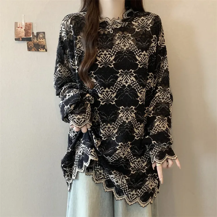 高级钩花镂空长袖蕾丝罩衫早秋2025新款大码女装胖mm宽松遮肚上衣