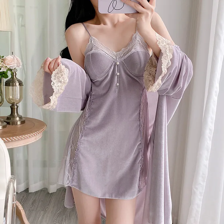 性感秋冬金丝绒春秋蕾丝纯欲吊带睡裙睡袍家居服长袖两件套套装