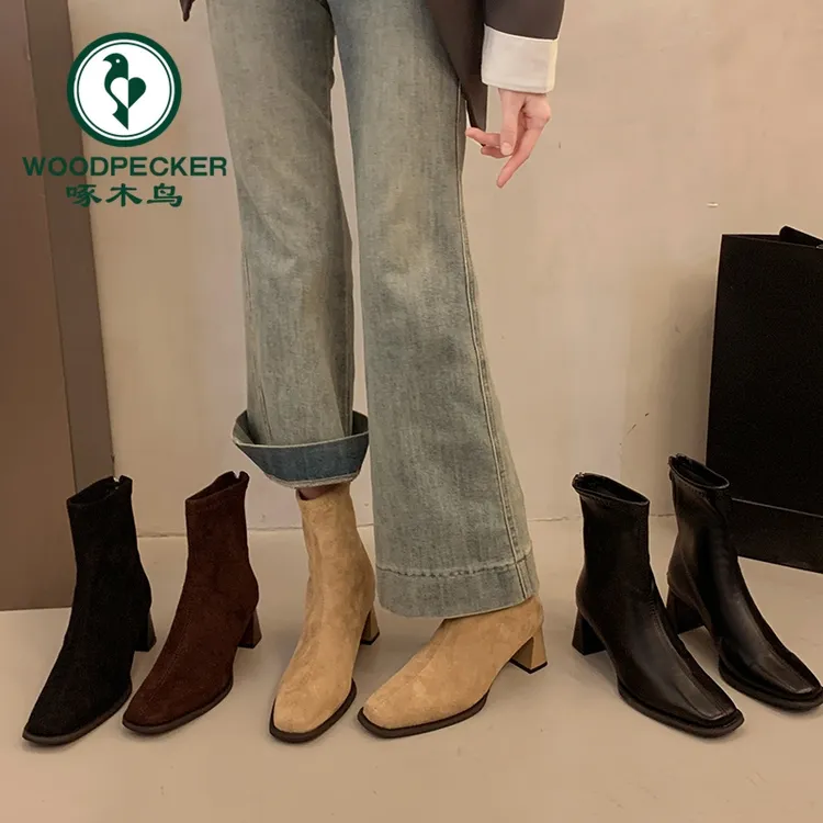 啄木鸟马丁靴女2025秋季新款粗跟方头短靴子韩系高跟瘦瘦小裸靴